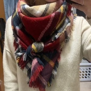 4x4” blanket scarf with fringe; Maroon, navy, mustard, white and beige